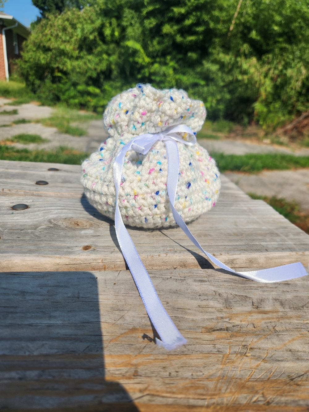 Handmade Cream Speckled Crochet Drawstring Pouch